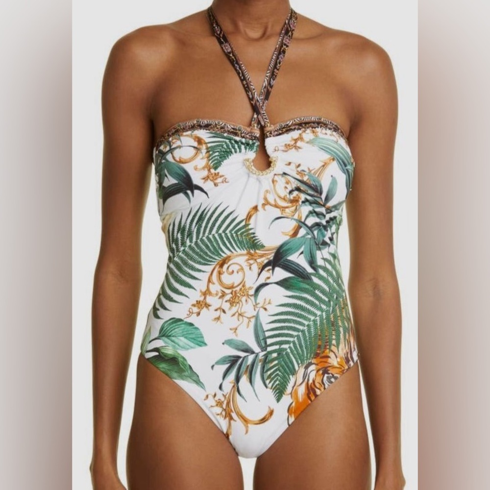 Camilla Tiger Trap Tropical Print Halter Swimsuit. S. NWOT